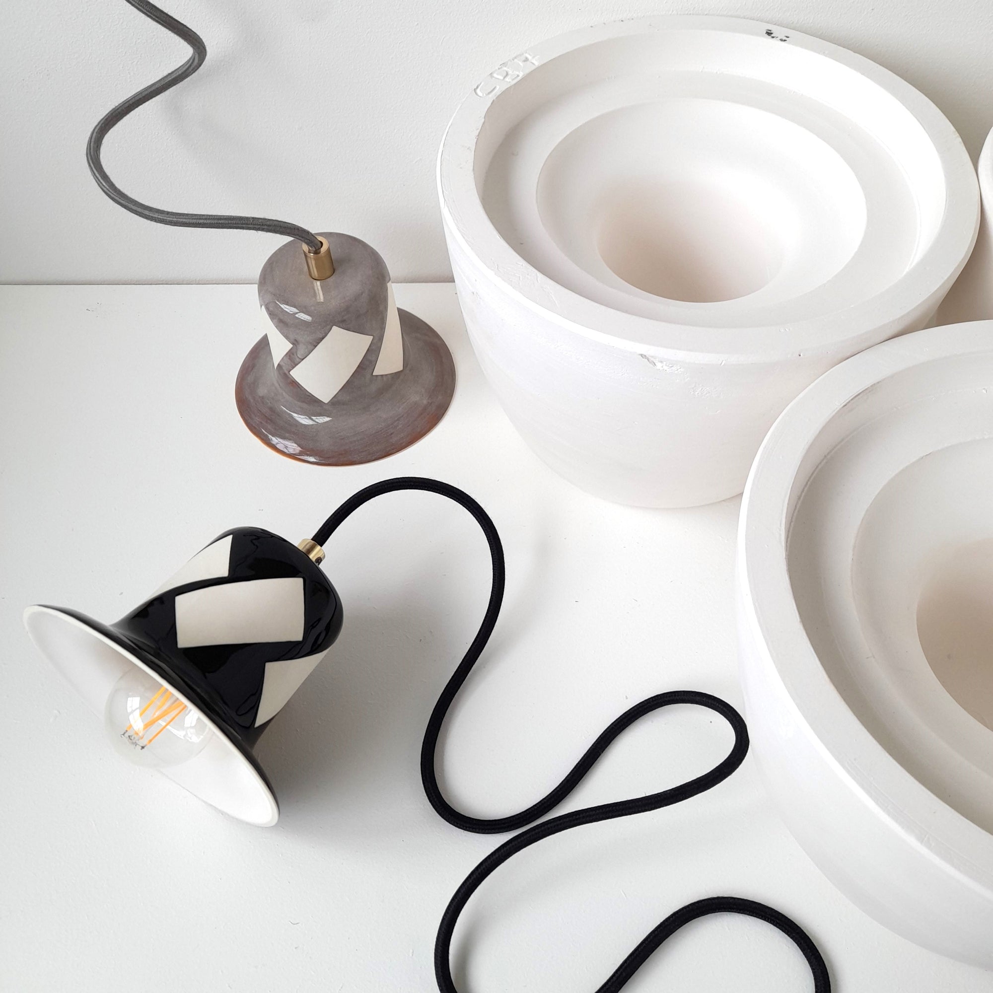 CB7, black and grey patterned porcelain pendant lights with moulds