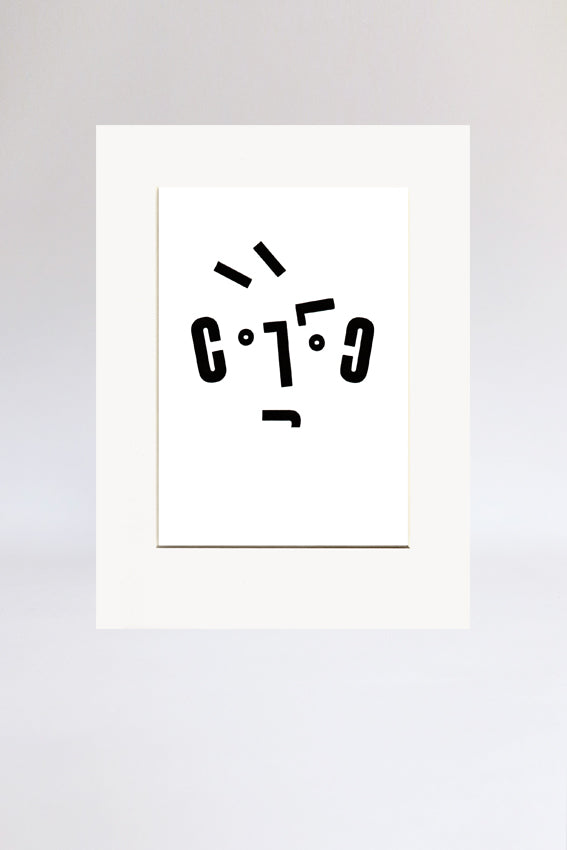 Boy face, print, umm mouth, letters, black, letterpress