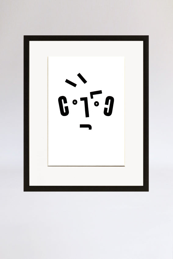 Boy face, framed print, Umm mouth, letters, black, letterpress