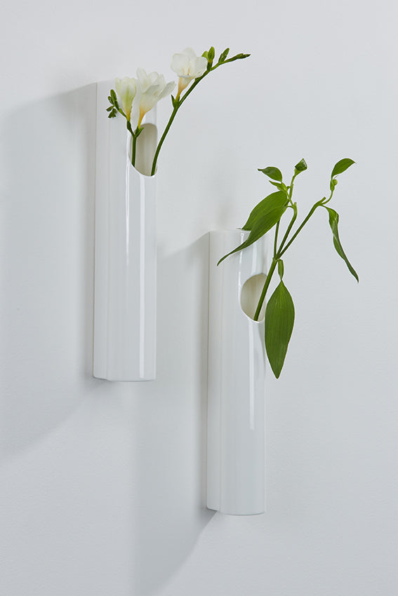 Ceramic hanging vases, white, long cylindrical, Japanese, and single stem flowers
