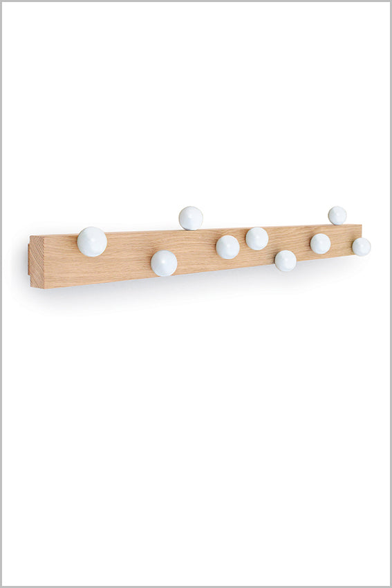 Coat rack, wall hook, oak, nine ball hooks, white