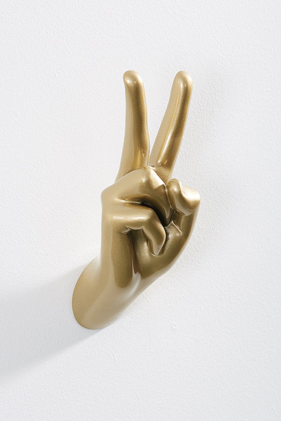 Hand wall art or hook, peace gesture, and gold colour