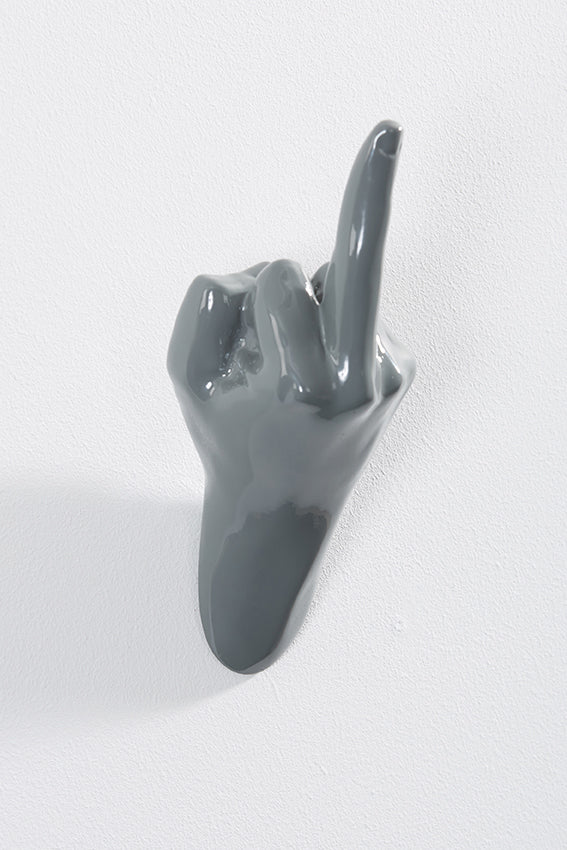 Hand wall art or hook, up yours gesture, and grey colour