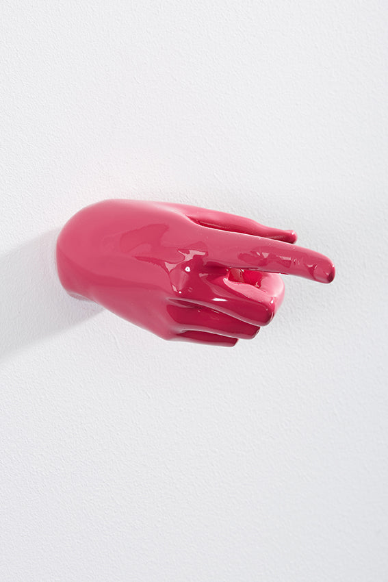 Hand wall art or hook, pointing gesture, and pink colour
