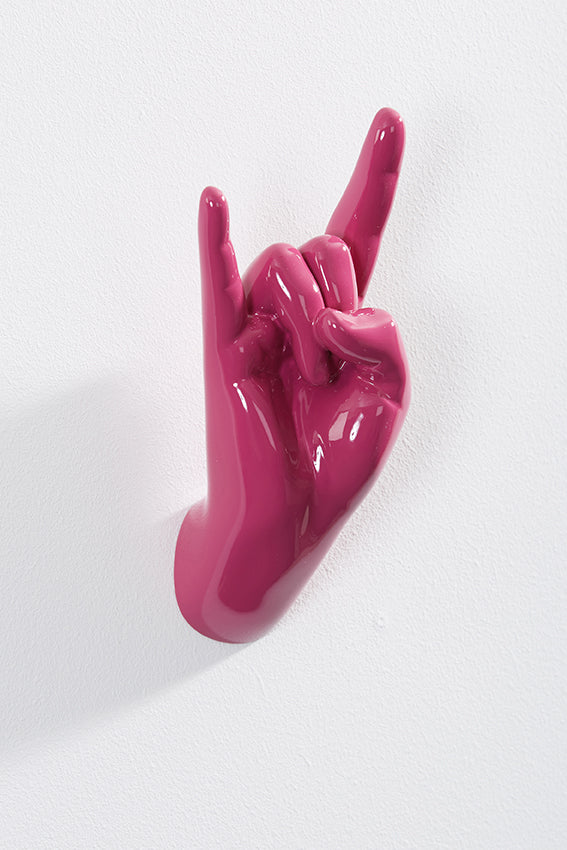 Hand wall art or hook, rock on gesture, and pink colour