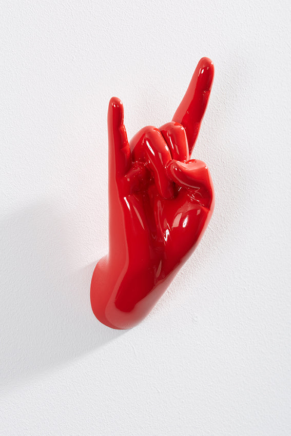 Hand wall art or hook, shape of rock on gesture, and red colour