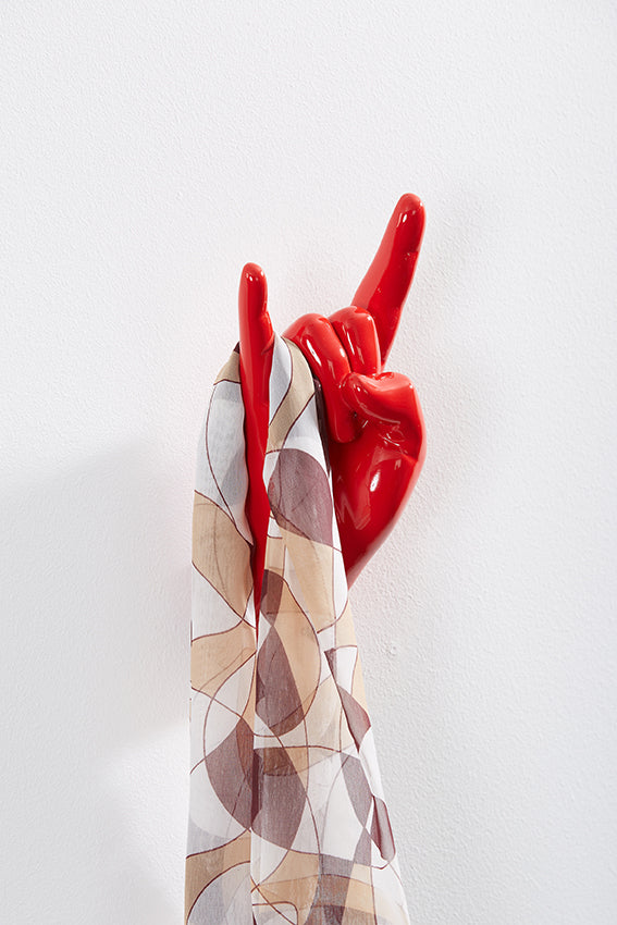 Hand wall art or hook, rock on gesture, red colour, and hanging scarf