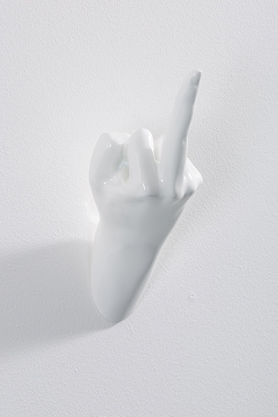 Hand wall art or hook, up yours gesture, and white colour