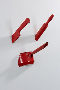 Saucepan, knife, rolling pin, wall art or hook, and red colour