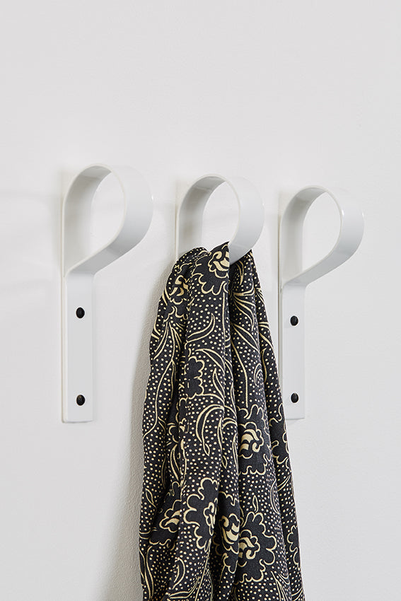 Metal coat hook, crook hook shaped, three, black colour, and hanging scarf