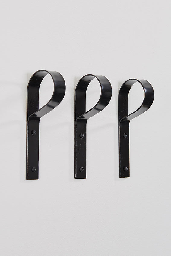 Metal coat hook, crook hook shaped, three, and black colour