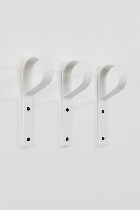 Metal coat hook, crook hook shaped, three, and white colour