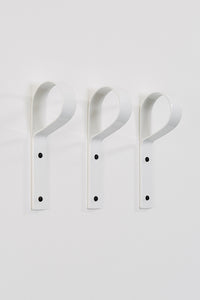 Metal coat hook, crook hook shaped, three, and white colour