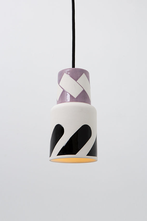 Pendant light, porcelain lamp, lilac, black graphic