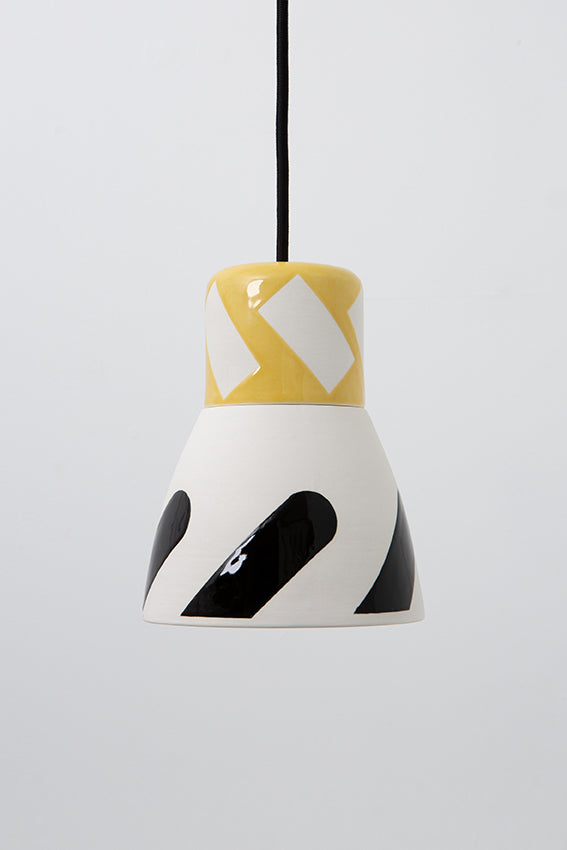 Pendant light, porcelain lamp, white black graphic, yellow top