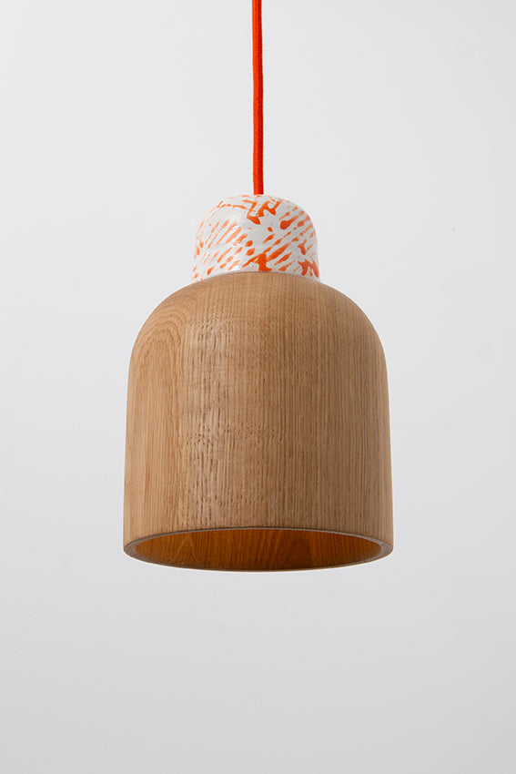Oak, pendant light, lamp, ceramic top, orange cable