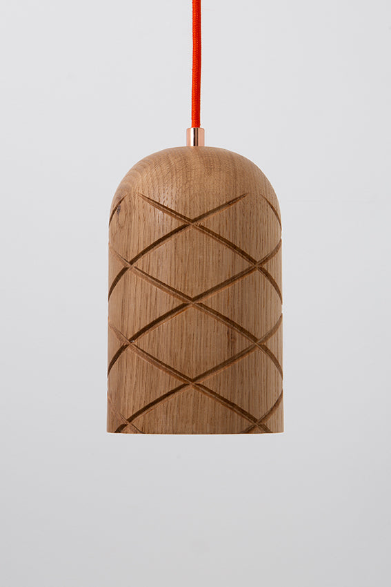 Oak, pendant light, lamp, quilted pattern, orange cable