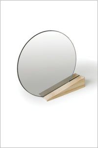 Round desk mirror, oak stand, wedge, black stripe