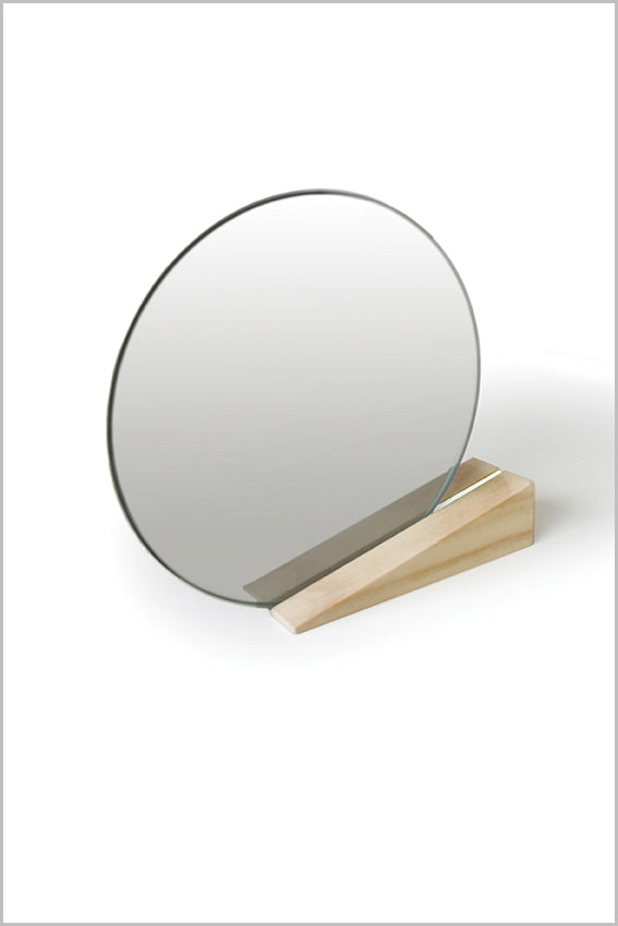 Round desk mirror, oak stand, wedge, white stripe
