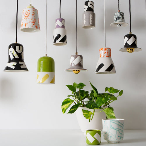 Hand painted pendant lights in porcelain,  multi-coloured