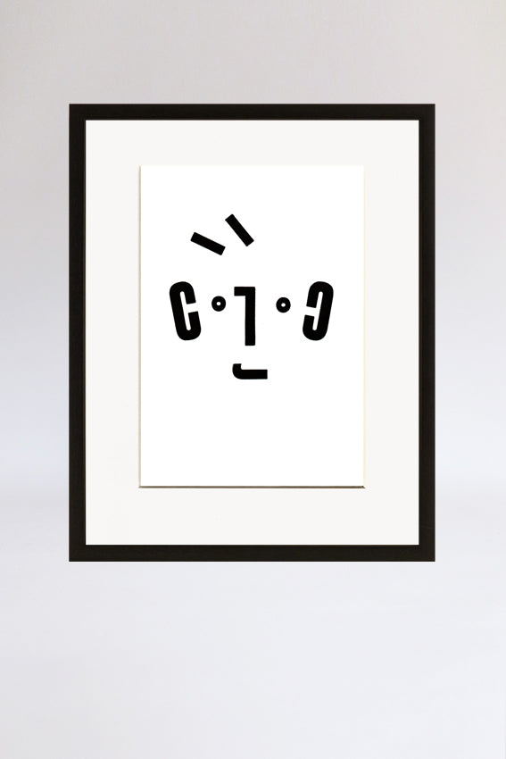 Boy face, framed print, letters, black, letterpress