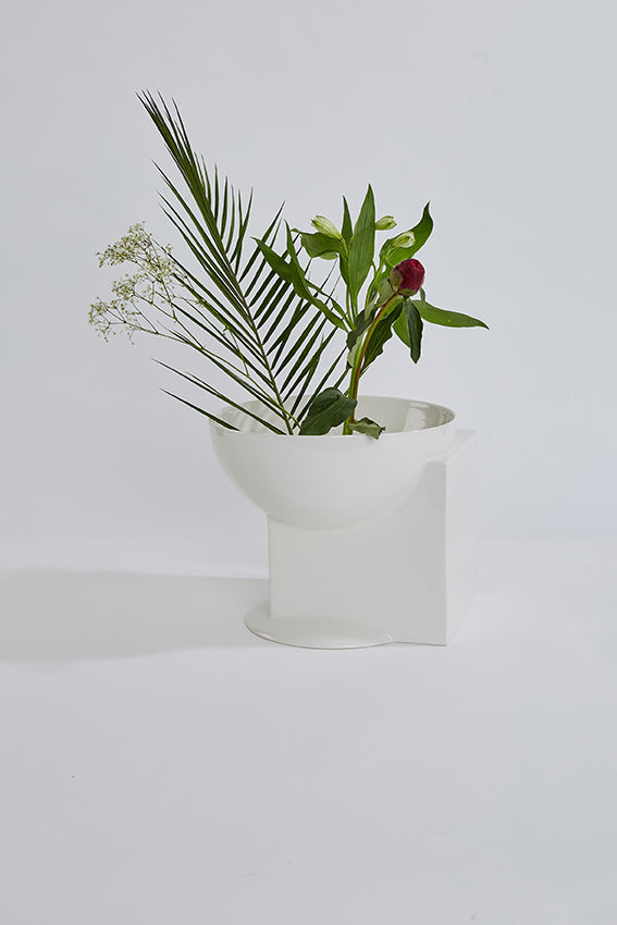 Ceramic  bowl, sphere, cube shape, white, large, flowers
