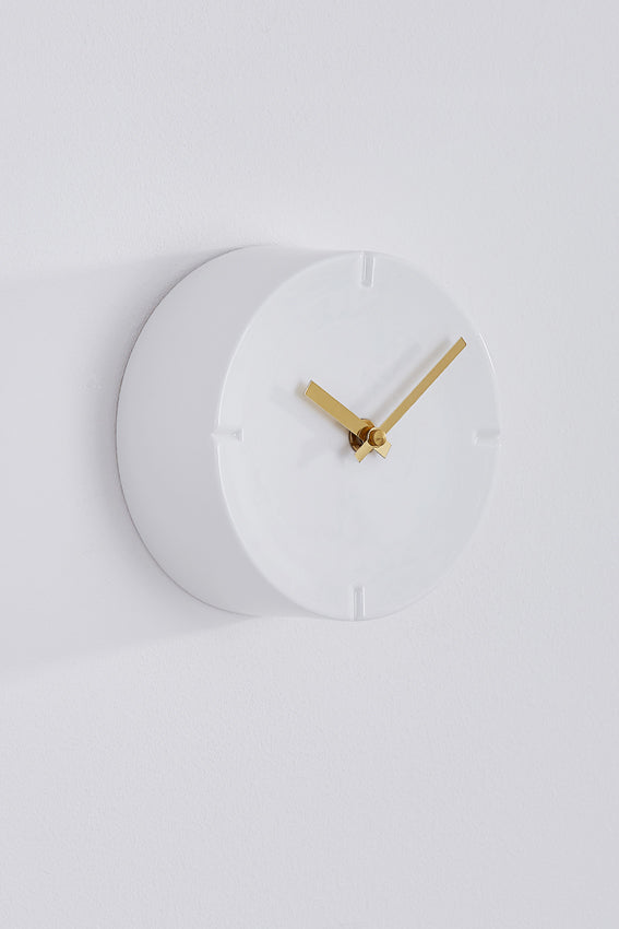 Ceramic wall clock, white, drum shape, and gold hands