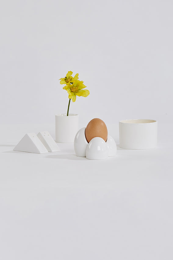 Ceramic egg cup, egg shape, salt pepper shaker, white 