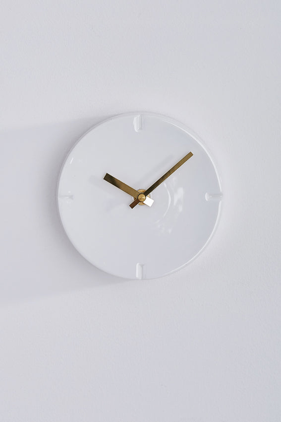 Ceramic wall clock, white, drum shape, and gold hands