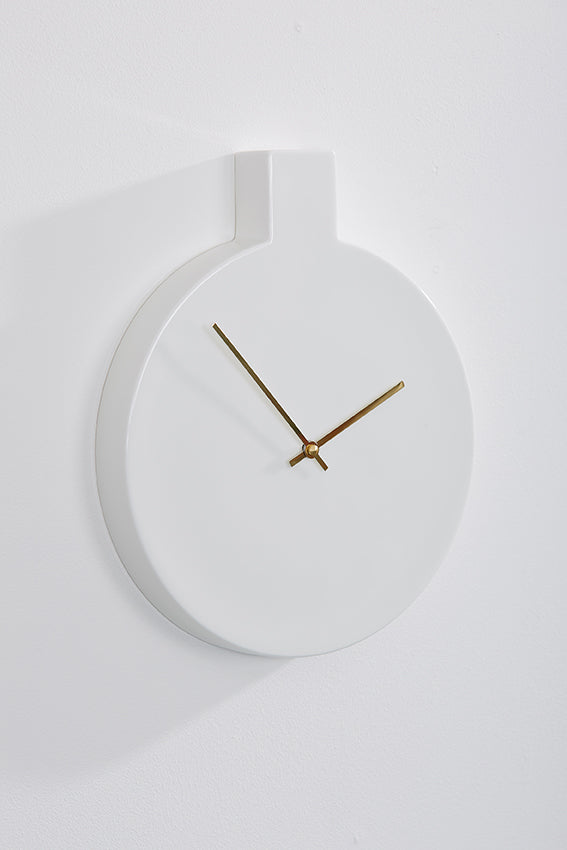 Ceramic wall clock, round, white, and gold hands