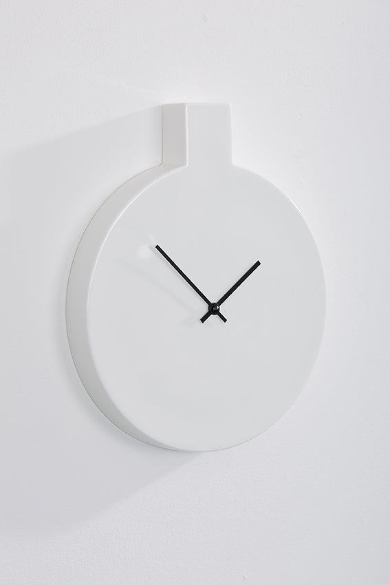 Ceramic wall clock, round, white, and black hands