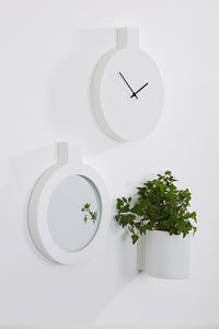 Ceramic wall mirror, round, white colour, clock and planter