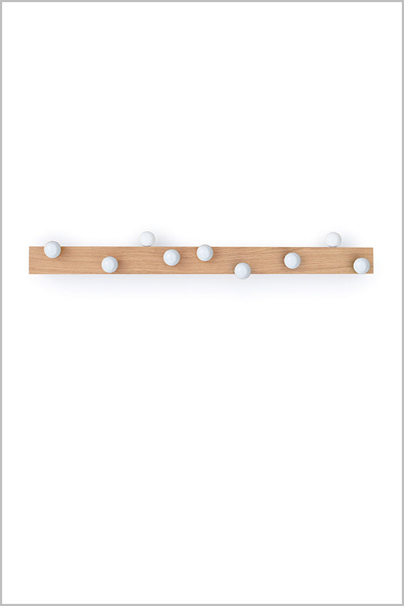 Coat rack, wall hook, oak, nine ball hooks, white