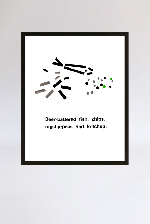 Fish and chips, framed print, letterpress, letters, black
