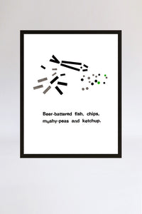 Fish and chips, framed print, letterpress, letters, black