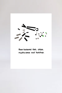 Fish and chips, print, letterpress, letters, black