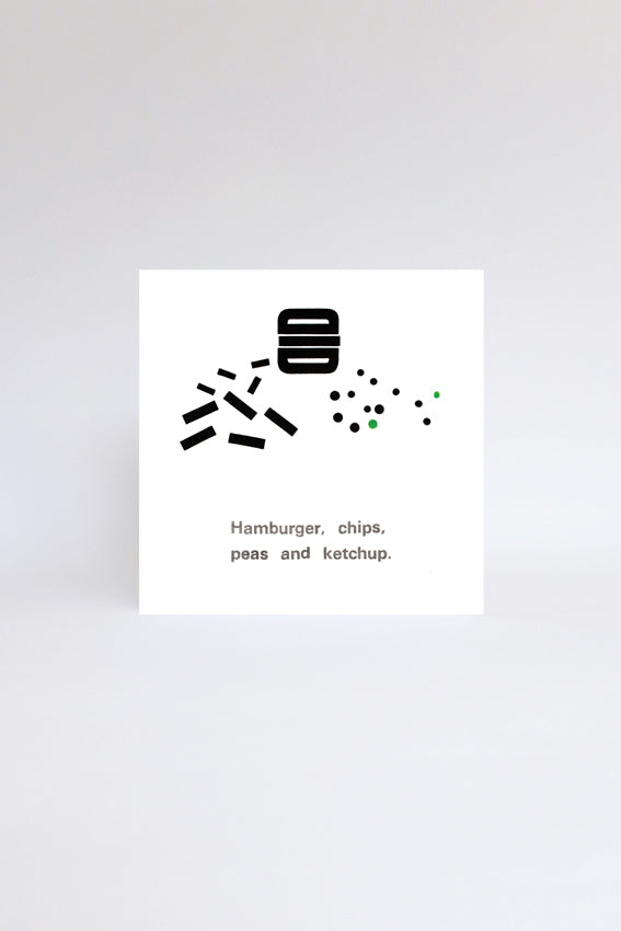 Hamburger and chips, greetings card, black letterpress print