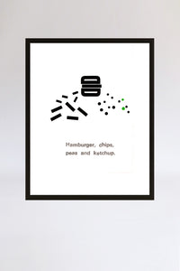 Hamburger and chips, framed print, letterpress, letters, black