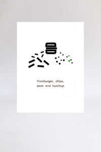 Hamburger and chips, print, letterpress, letters, black