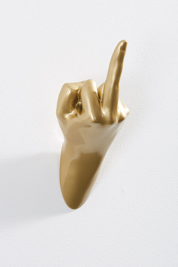 Hand wall art or hook, up yours gesture, and gold colour