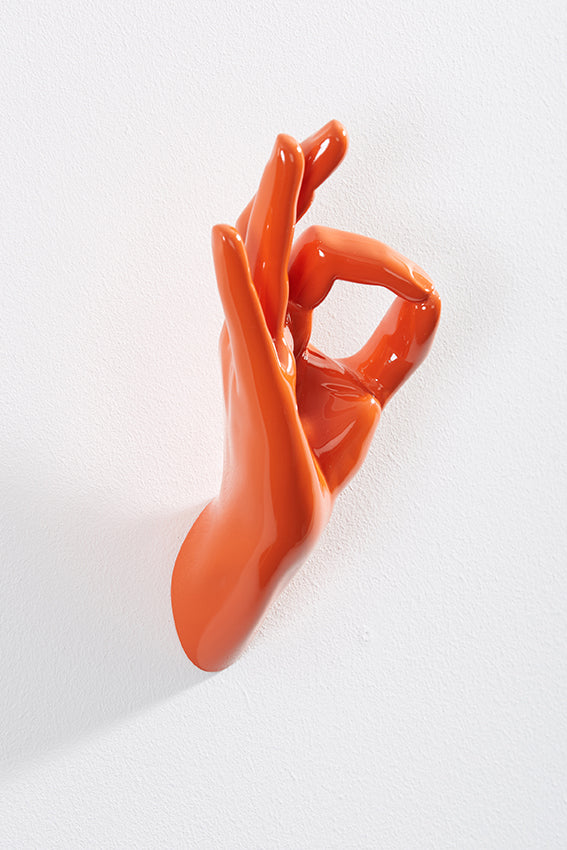 Hand wall art or hook, OK gesture, and orange colour