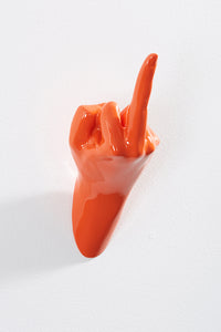 Hand wall art or hook, up yours gesture, and orange colour