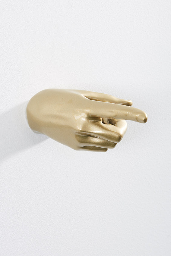 Hand wall art or hook, pointing gesture, and gold colour