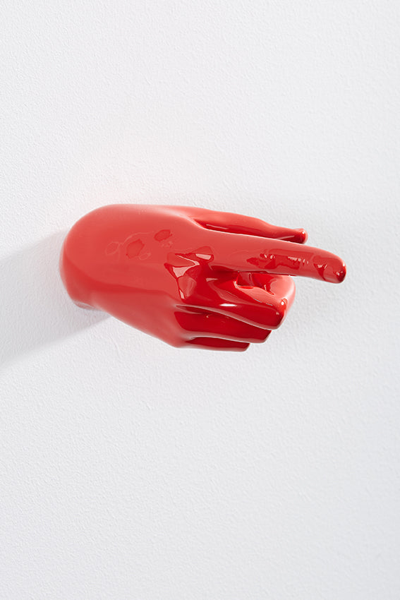 Hand wall art or hook, pointing gesture, and red colour