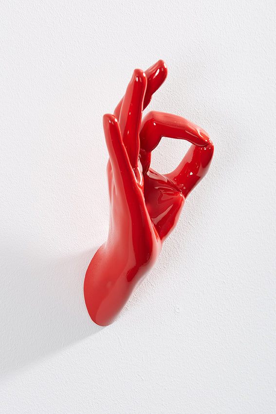 Hand wall art or hook, OK gesture, and red colour