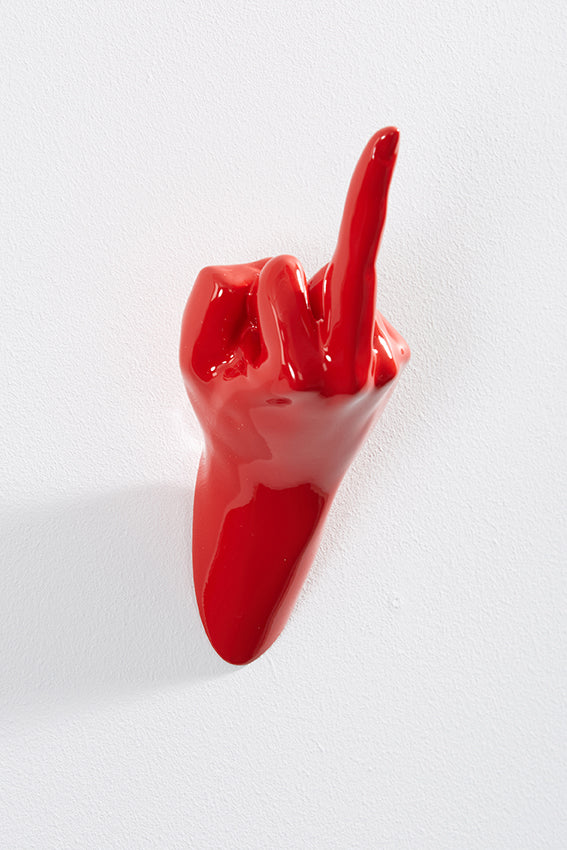 Hand wall art or hook, up yours gesture, and red colour