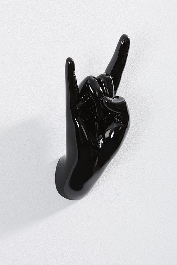 Hand wall art or hook, rock on gesture, and black colour