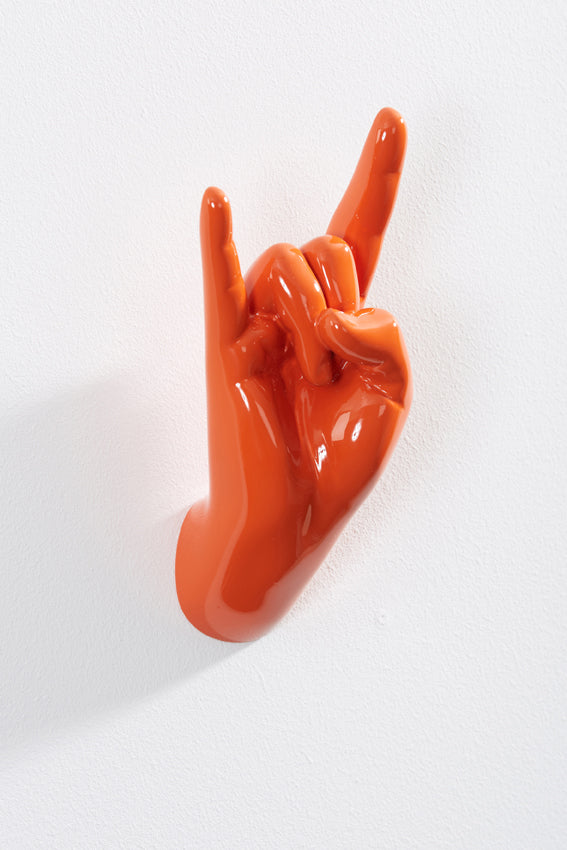 Hand wall art or hook, rock on gesture, and orange colour