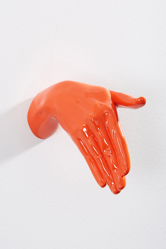 Hand wall art or hook, shaking gesture, and orange colour