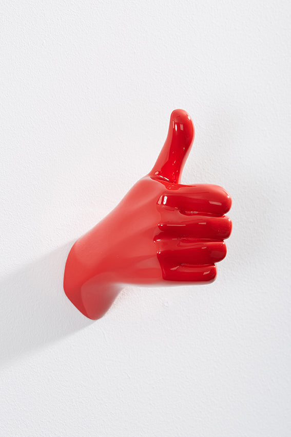 Hand wall art or hook, shape of thumbs up gesture, and red colour